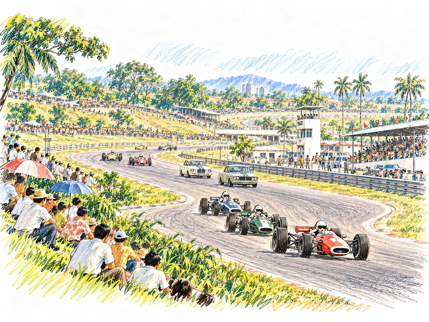 1960至1970年代Batu Tiga賽道Formula賽事黃金年代手繪插圖