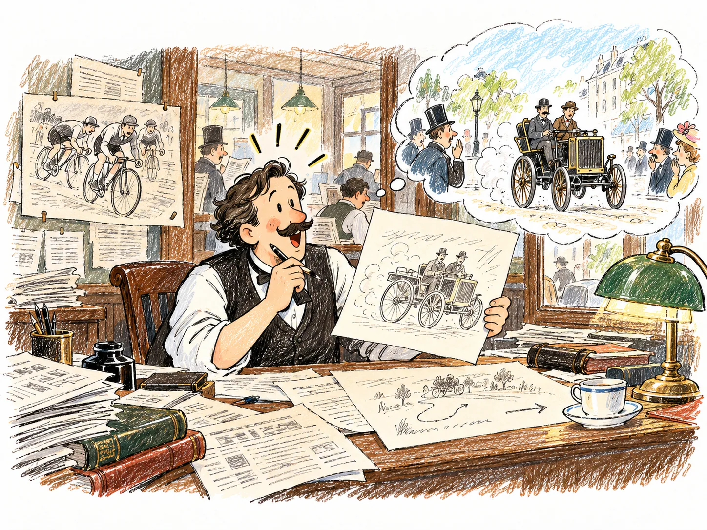 19世紀末報館編輯構思汽車賽事的手繪插畫