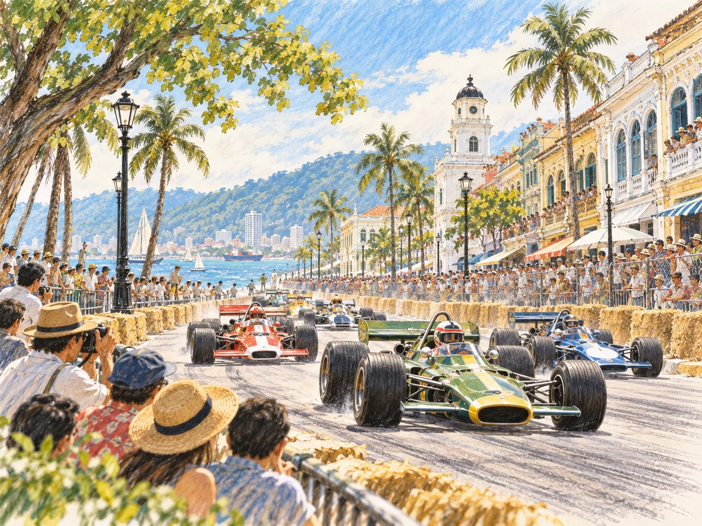 1977年前後檳城街道Grand Prix方程式賽車的手繪插圖