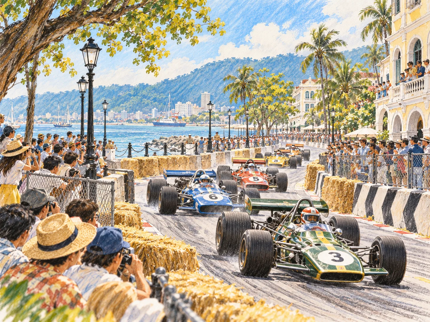 1970年代檳城Esplanade街道Grand Prix的手繪插圖