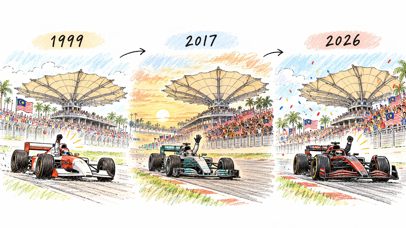 雪邦賽道1999、2017與2026三個重要時點的手繪插圖