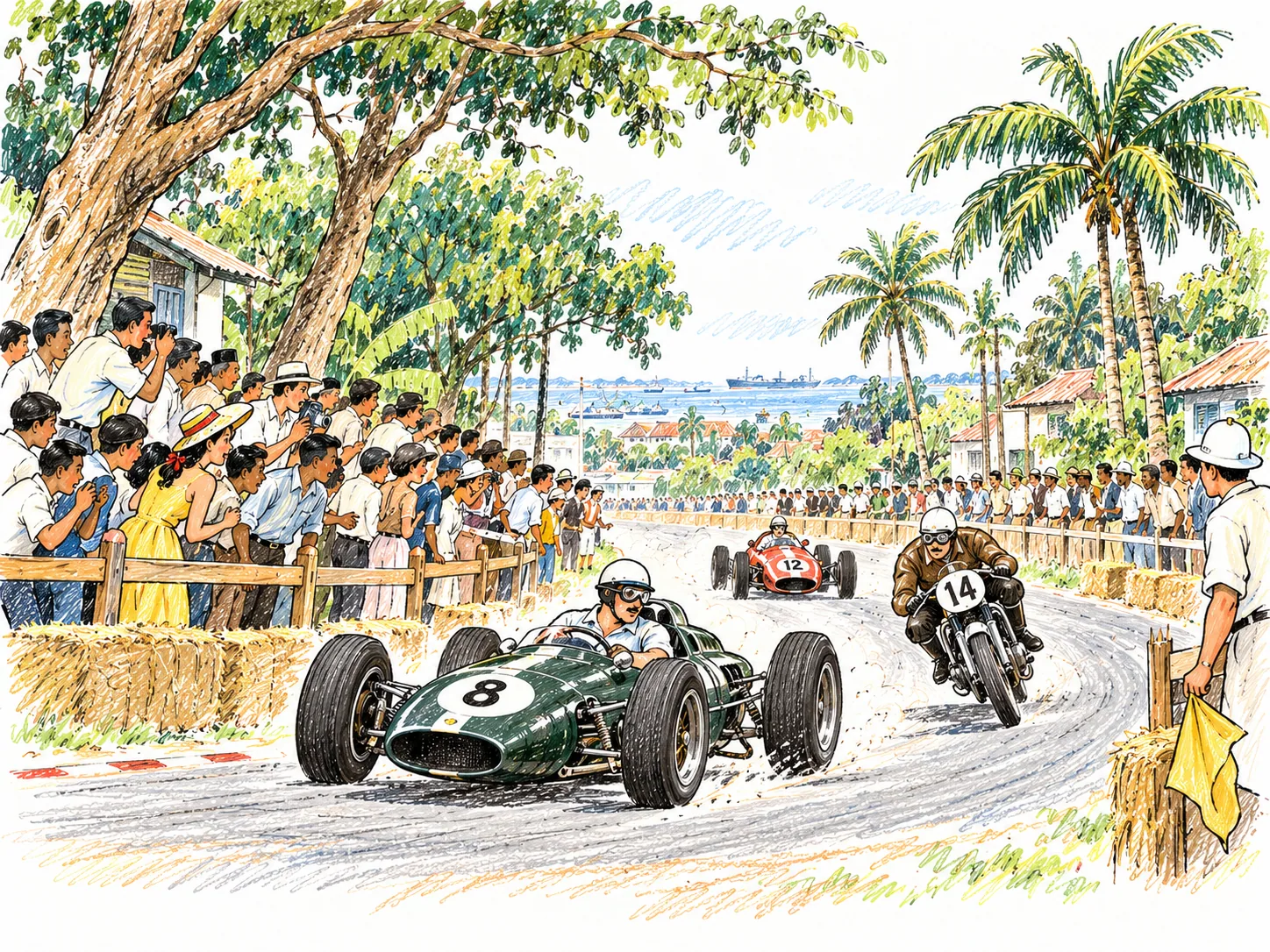 1961年新加坡Thomson Road街道賽的手繪插圖