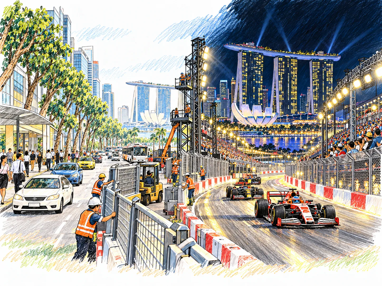 新加坡市中心道路由白天日常交通轉變成夜間F1賽道的手繪插圖
