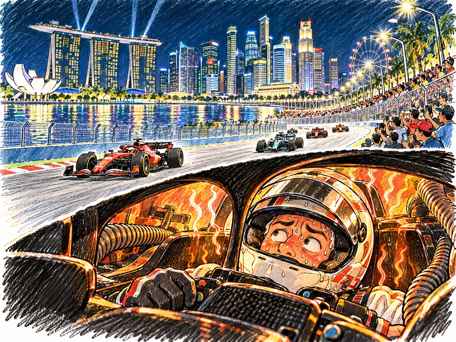 新加坡F1夜賽外景華麗但車手座艙極度悶熱的手繪插圖