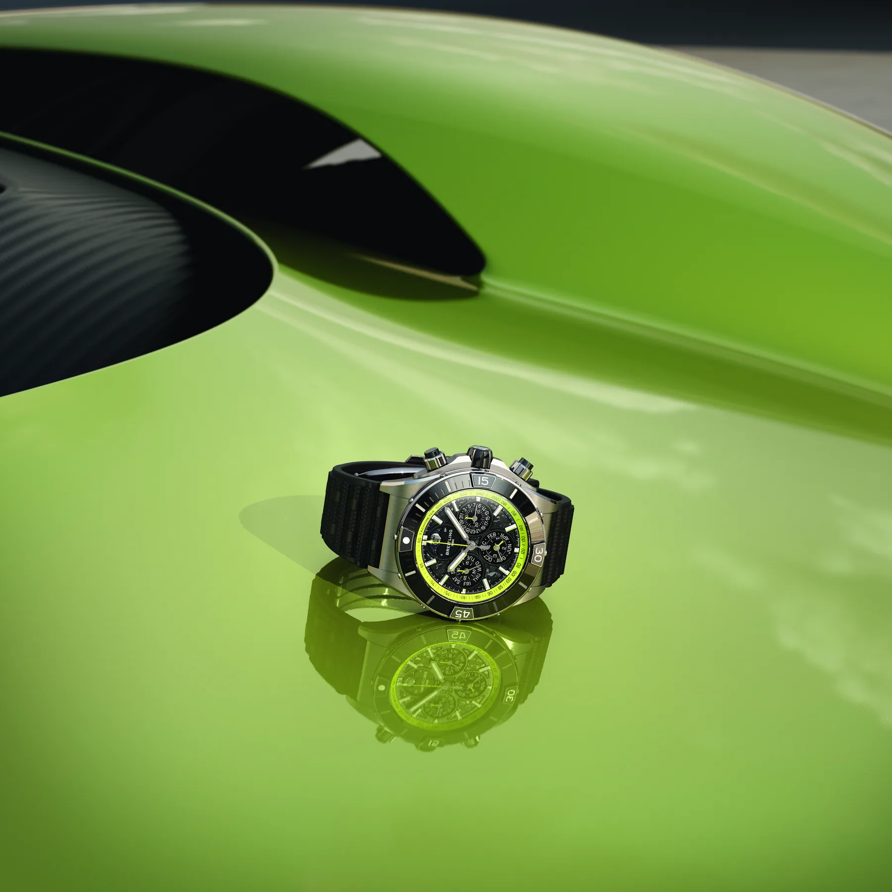 Valhalla綠色車身上的Breitling Super Chronomat B19 44萬年曆計時腕錶