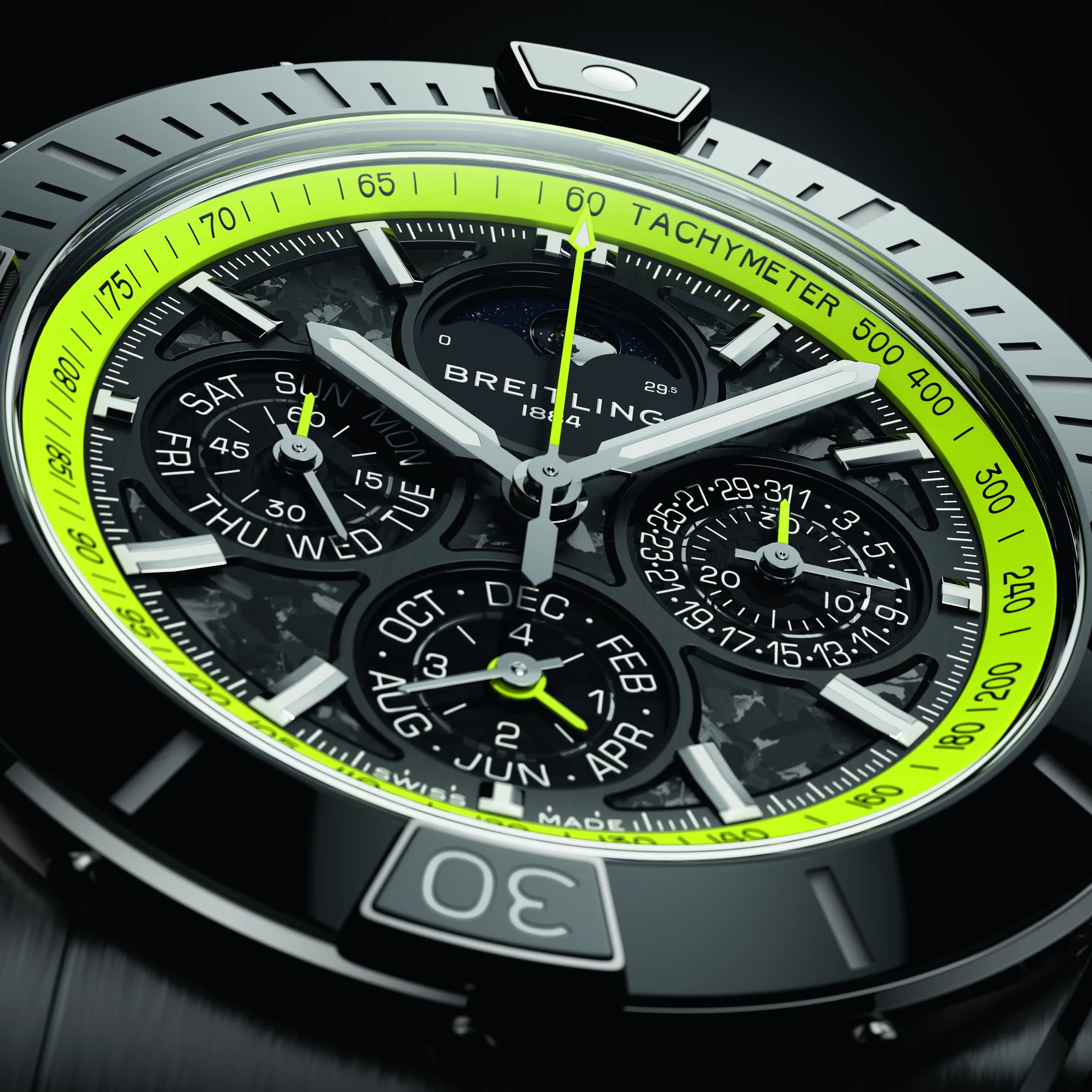 Super Chronomat B19 44碳纖維錶盤與萬年曆、計時小錶盤特寫