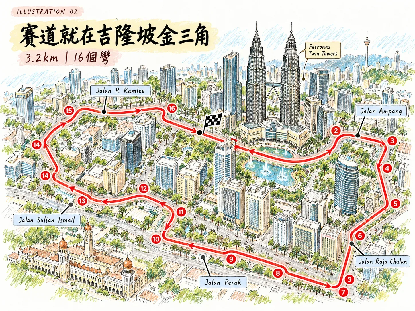 2015 KL City Grand Prix吉隆坡金三角3.2公里16彎街道賽道插畫