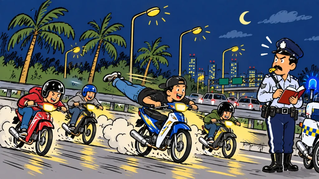 夜間道路上Mat Rempit非法飆車與交警執法示意插畫