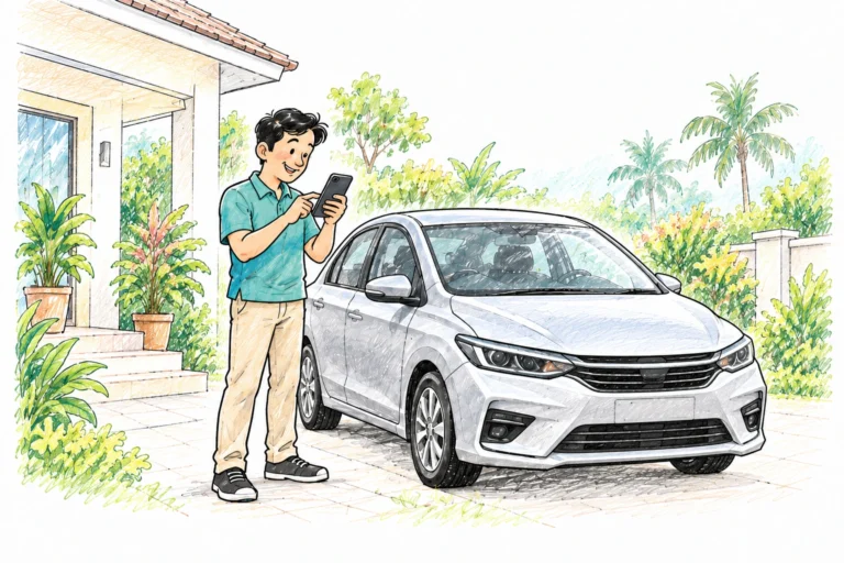 駕駛者在家門前、停好的車旁查看手機資訊的彩色鉛筆插畫