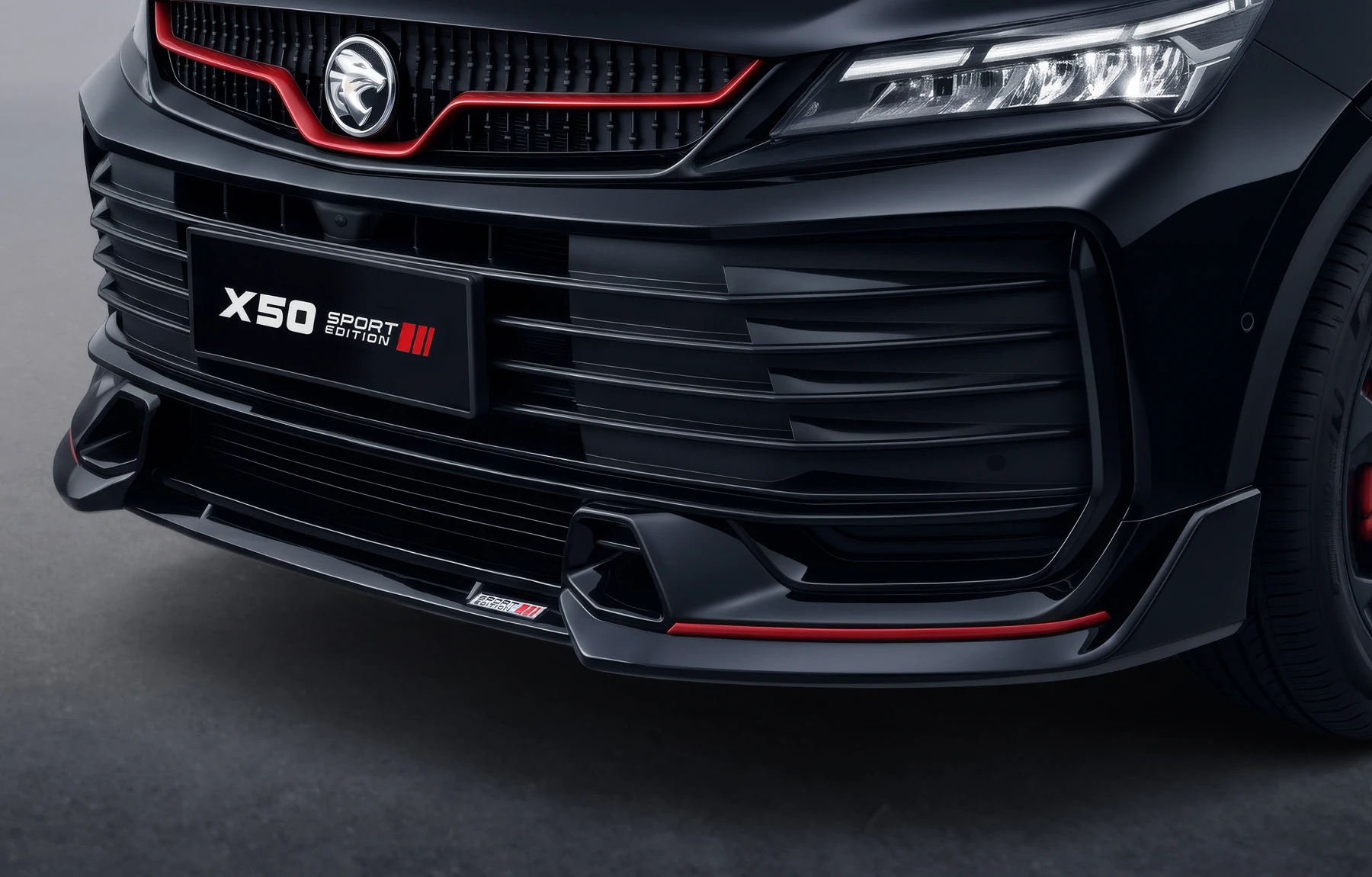 PROTON X50 Sport Edition前下裙與黑色前保險桿飾件細節